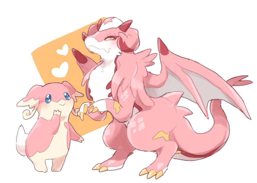 2girls, audino, blue_eyes, blush, claws, closed_mouth, crossover, dragon