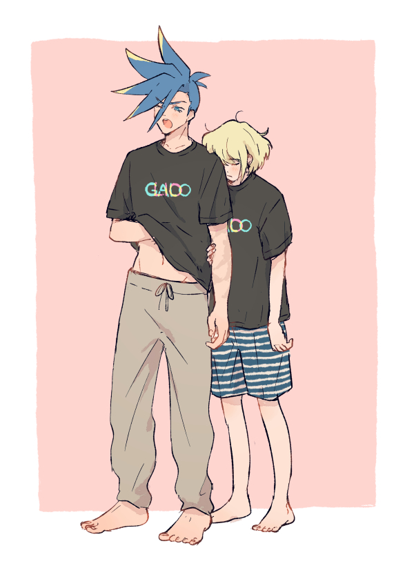 2boys, barefoot, black_shirt, blonde_hair, blue_eyes, border, closed_eyes, closed_mouth