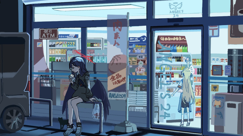 2girls, angel's_24_uniform_(blue_archive), apron, aritsuno, bag, black_hair, black_wings, blonde_hair