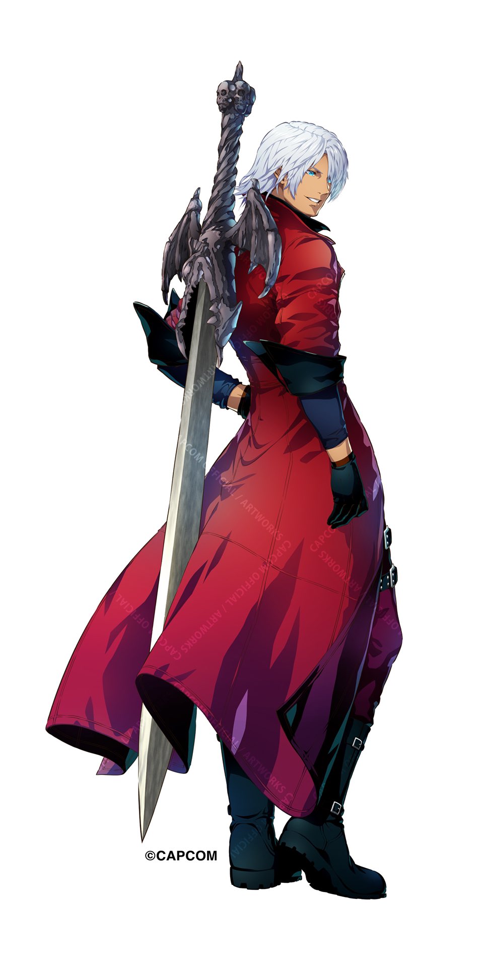 1boy, alastor_(sword), black_boots, black_gloves, blue_eyes, boots, capcom, coat