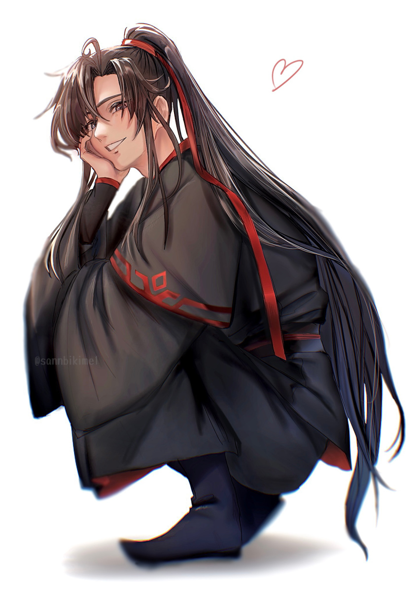 1boy, ahoge, black_boots, black_hair, black_hanfu, black_robe, boots, brown_eyes