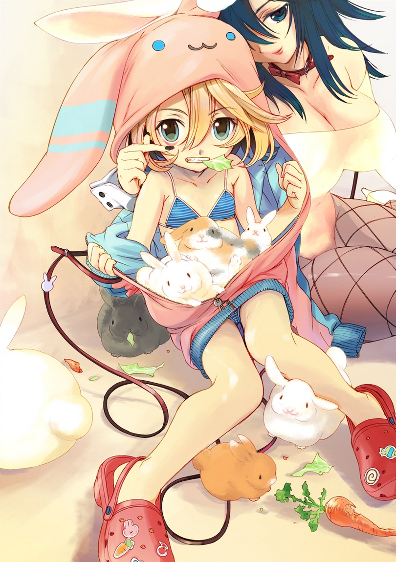 blonde_hair, blue_eyes, blue_hair, bow, breasts, bunny, bunny_ears, bunnysuit