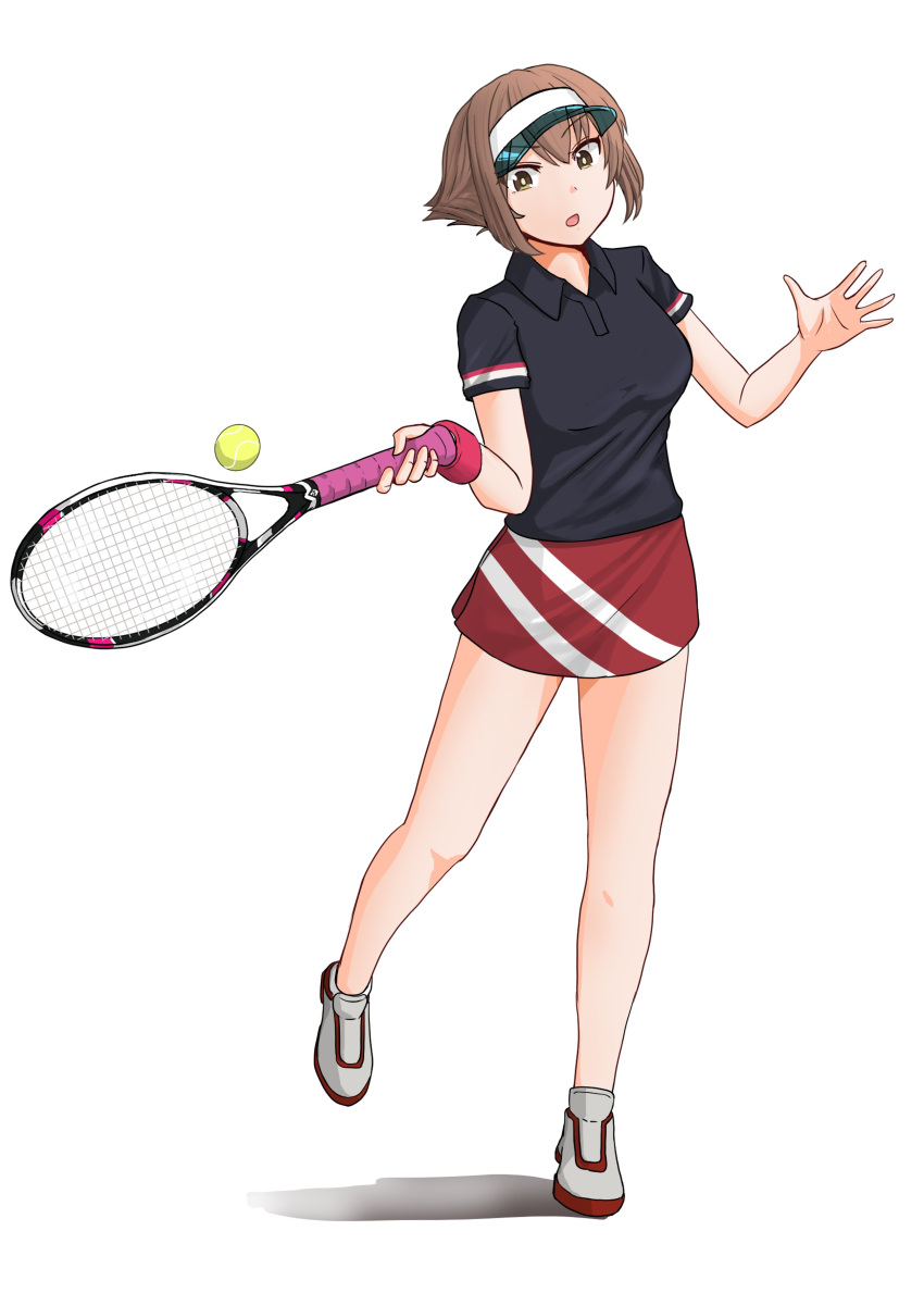 absurdres, ball, black_shirt, breasts, brown_hair, collared_shirt, green_eyes, highres