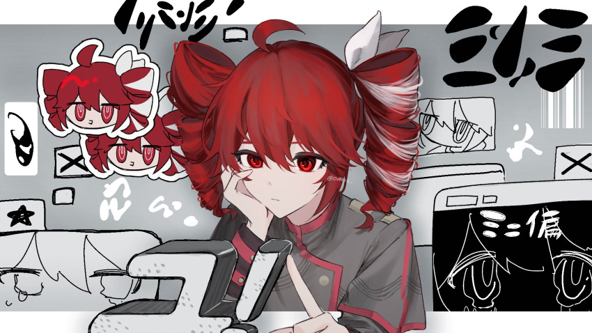 ahoge, black_jacket, black_sleeve_cuffs, bow, character_background, closed_mouth, drill_hair, expressionless, grey_background, hair_between_eyes, hair_bow, hair_ribbon, highres, index_finger_raised, jacket, kasane_teto, kasane_teto_(sv), kkikr0, layered_sleeves, looking_at_object, mini_hen_(utau), musical_staff, musical_staff_print, red_eyes, red_hair, red_trim, ribbon, shoulder_boards, striped_clothes, striped_jacket, synthesizer_v, tears, twin_drills, twintails, utau, white_bow, white_ribbon