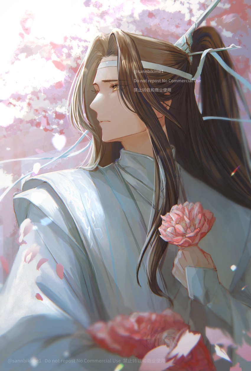 1boy, bishounen, blurry, brown_hair, chinese_clothes, closed_mouth, falling_petals, flower