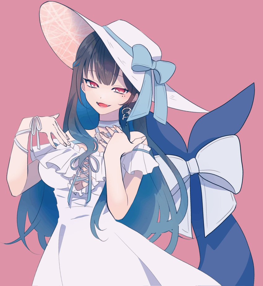 1girl, :d, bare_shoulders, black_hair, blue_bow, blue_hair, blue_ribbon, bow, braid, breasts, brown_eyes, cetacean_tail, choker, cowboy_shot, criss-cross_halter, dress, earrings, eiftnr, fangs, fins, fish_tail, frills, gradient_hair, half_up_braid, halterneck, hands_up, hat, hat_bow, hat_ribbon, highres, indie_virtual_youtuber, jewelry, large_breasts, long_hair, looking_at_viewer, mole, mole_under_eye, multicolored_hair, non-web_source, open_mouth, pink_background, ribbon, simple_background, smile, solo, sun_hat, tail, virtual_youtuber, white_bow, white_dress, white_ribbon, yona_(iotayona)