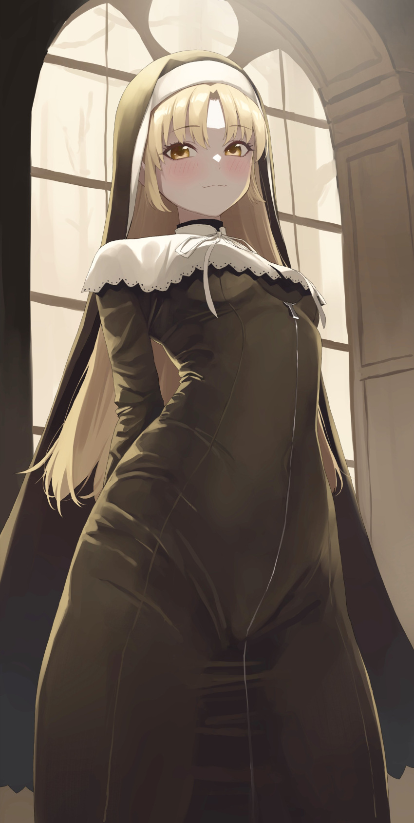 1girl, absurdres, arms_behind_back, art_mu, black_coif, black_dress, blonde_hair, blush