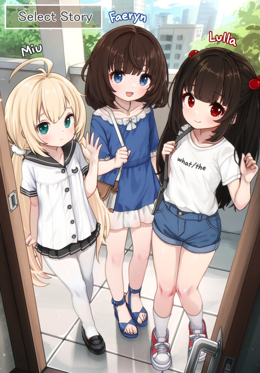 3girls, absurdres, ahoge, arm_up, bag, black_shoes, black_skirt, blonde_hair, blue_eyes, blue_shirt, blue_shoes, brown_hair, character_name, clothes_writing, comodox, denim, denim_shorts, door, doorway, expressionless, faeryn_(comodox), feet, full_body, green_eyes, hair_bobbles, hair_ornament, highres, jewelry, long_hair, looking_at_viewer, low_twintails, lulla_(comodox), miu_(comodox), multiple_girls, necklace, open_mouth, original, outdoors, pantyhose, pleated_skirt, red_eyes, red_shoes, scrunchie, shirt, shoes, short_hair, short_shorts, short_sleeves, shorts, skirt, smile, socks, thighs, toes, twintails, two_side_up, waving, white_pantyhose, white_shirt, white_skirt, white_socks