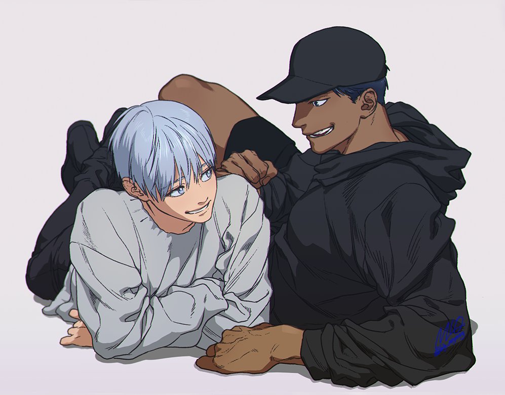2boys, aomine_daiki, baseball_cap, big_mogong, black_hat, black_hoodie, black_pants, black_shorts, blue_hair, commentary_request, crossed_ankles, crossed_arms, dark-skinned_male, dark_skin, eye_contact, grey_background, grey_sweater, grin, hat, hood, hood_down, hoodie, korean_commentary, kuroko_no_basuke, kuroko_tetsuya, long_sleeves, looking_at_another, lying, male_focus, multiple_boys, on_side, on_stomach, pants, short_hair, short_sideburns, shorts, simple_background, smile, sweater, teeth