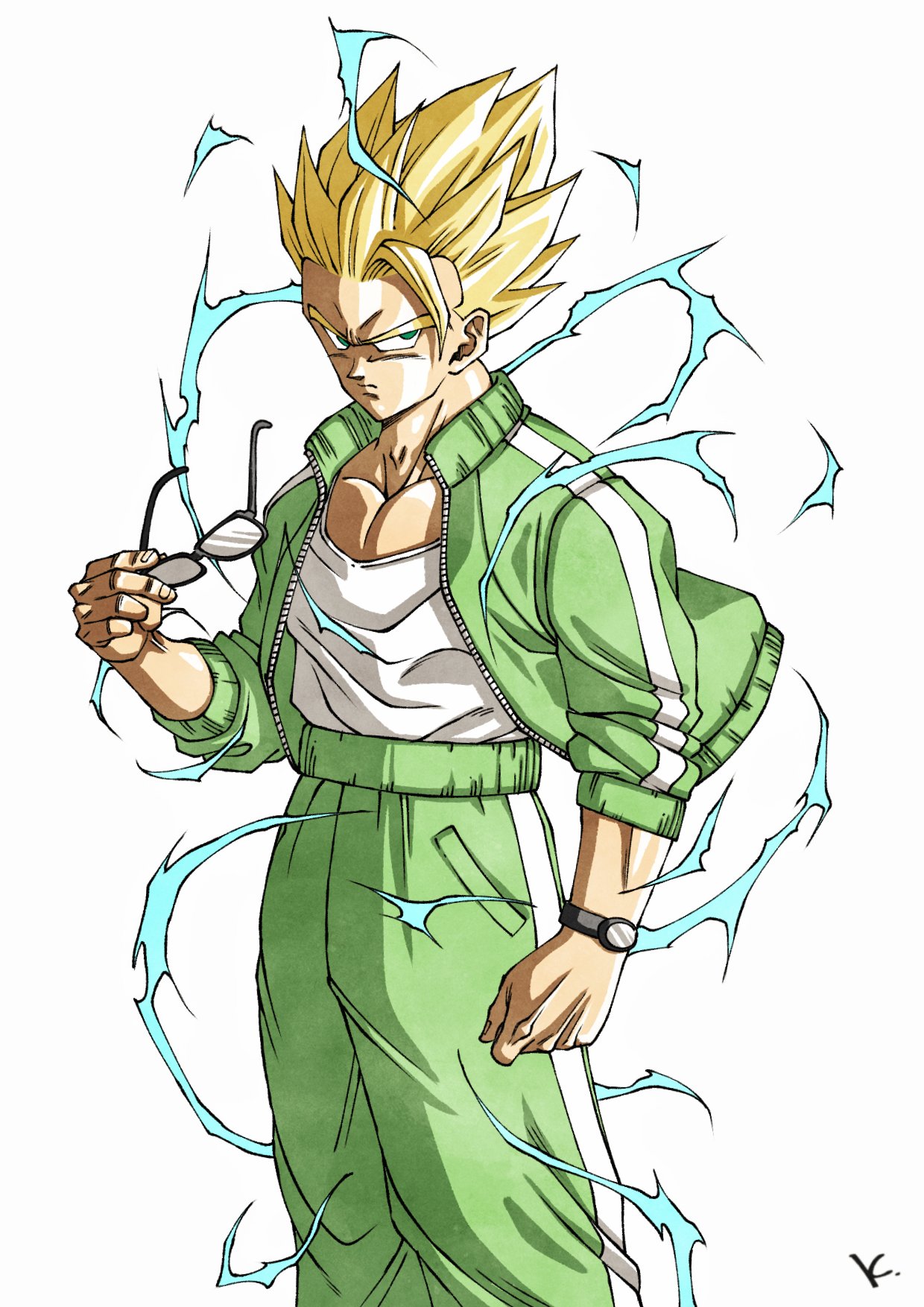 1boy, blonde_hair, clenched_hand, cowboy_shot, dragon_ball, dragon_ball_z_fukkatsu_no_f, electricity, glasses