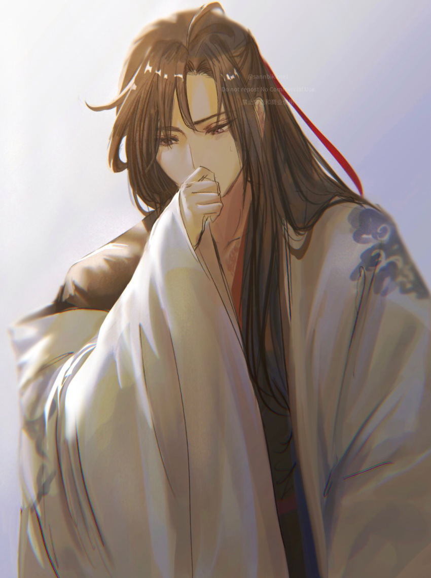 1boy, ahoge, alternate_costume, black_hair, black_hanfu, brown_hair, chinese_clothes, coat
