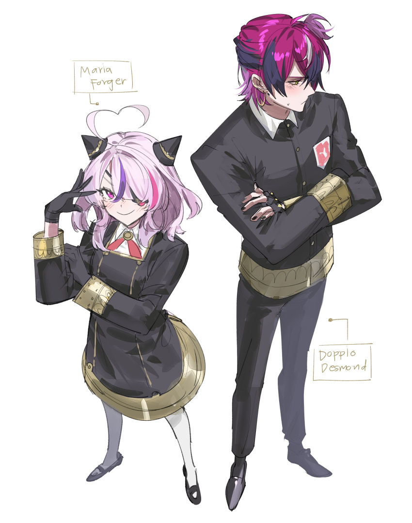 503_art, absurdres, ahoge, alternate_costume, anya_(spy_x_family), anya_(spy_x_family)_(cosplay), black_dress, black_gloves, black_jacket, black_nails, black_streaks, blazer, blush, chuunibyou, collared_shirt, cosplay, couple, crossed_arms, damian_desmond, damian_desmond_(cosplay), doppio_dropscythe, dress, ear_chain, embarrassed, eyepatch, fingerless_gloves, from_above, full_body, gloves, hair_down, hairpods, hand_on_own_arm, hand_over_eye, heart, heart_ahoge, hetero, highres, jacket, leggings, loafers, looking_at_viewer, maria_marionette, mary_janes, medium_hair, multicolored_hair, nijisanji, nijisanji_en, one_side_up, pink_eyes, pink_hair, purple_streaks, school_uniform, shirt, shoes, short_hair, sketch, smile, streaked_hair, white_background, white_leggings, white_shirt, white_streaks