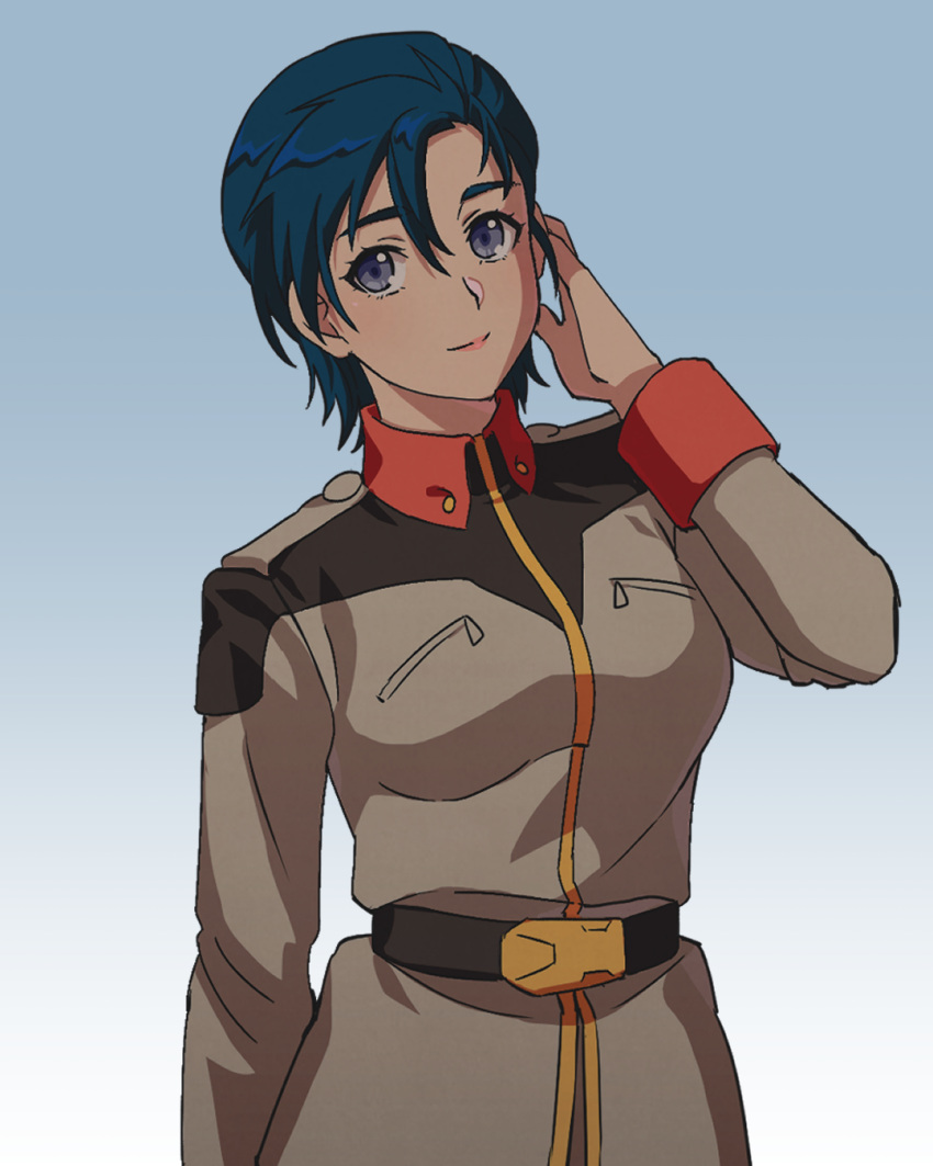 1girl, adjusting_hair, after_war_gundam_x, blue_background, blue_hair, closed_mouth, earth_federation, earth_federation_space_forces