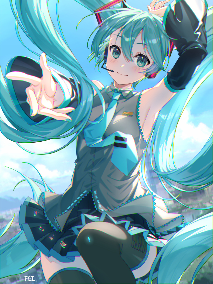 1girl, absurdly_long_hair, absurdres, armpits, artist_name, black_skirt, black_sleeves, black_thighhighs
