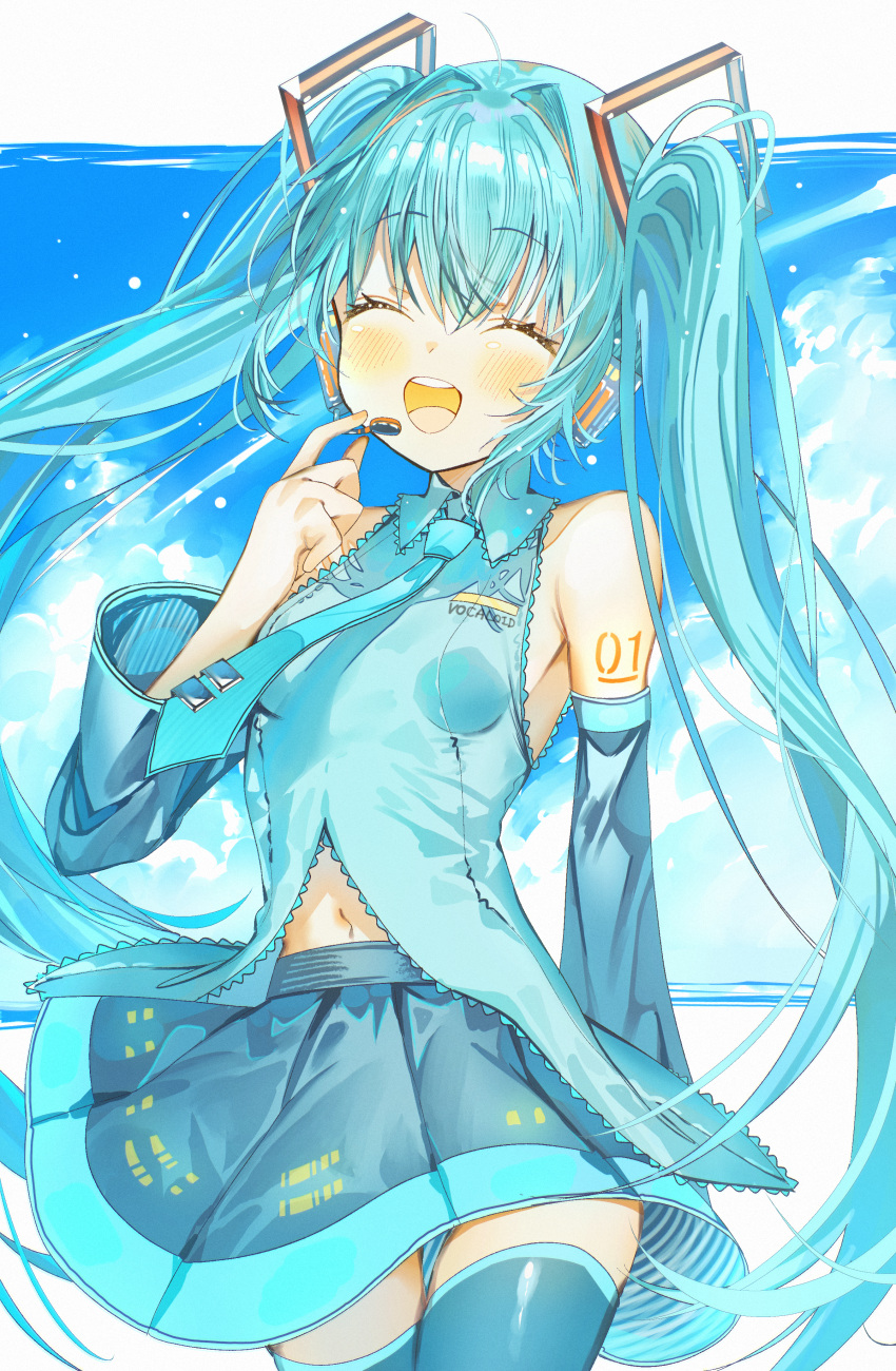 1girl, :d, ^_^, absurdres, arm_tattoo, blue_hair, blue_necktie, blue_shirt