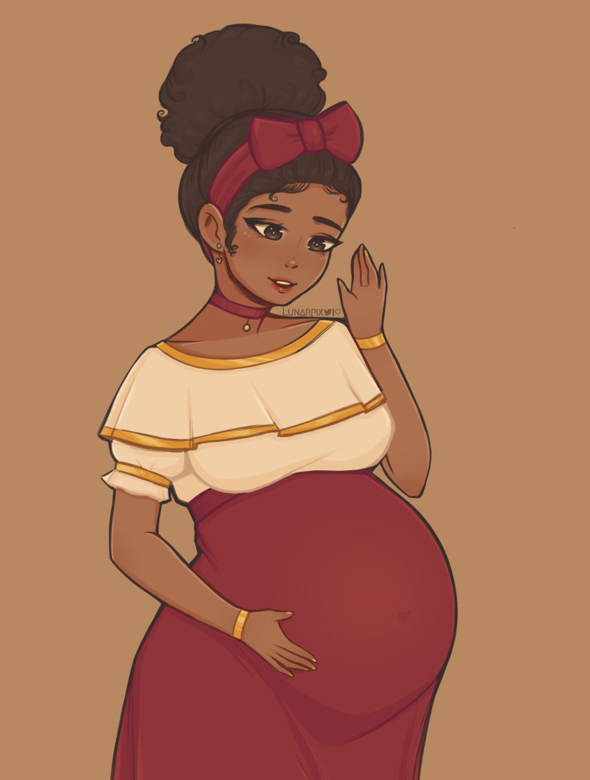 1girl, artist_name, belly, big_belly, bow, breasts, brown_hair, commentary