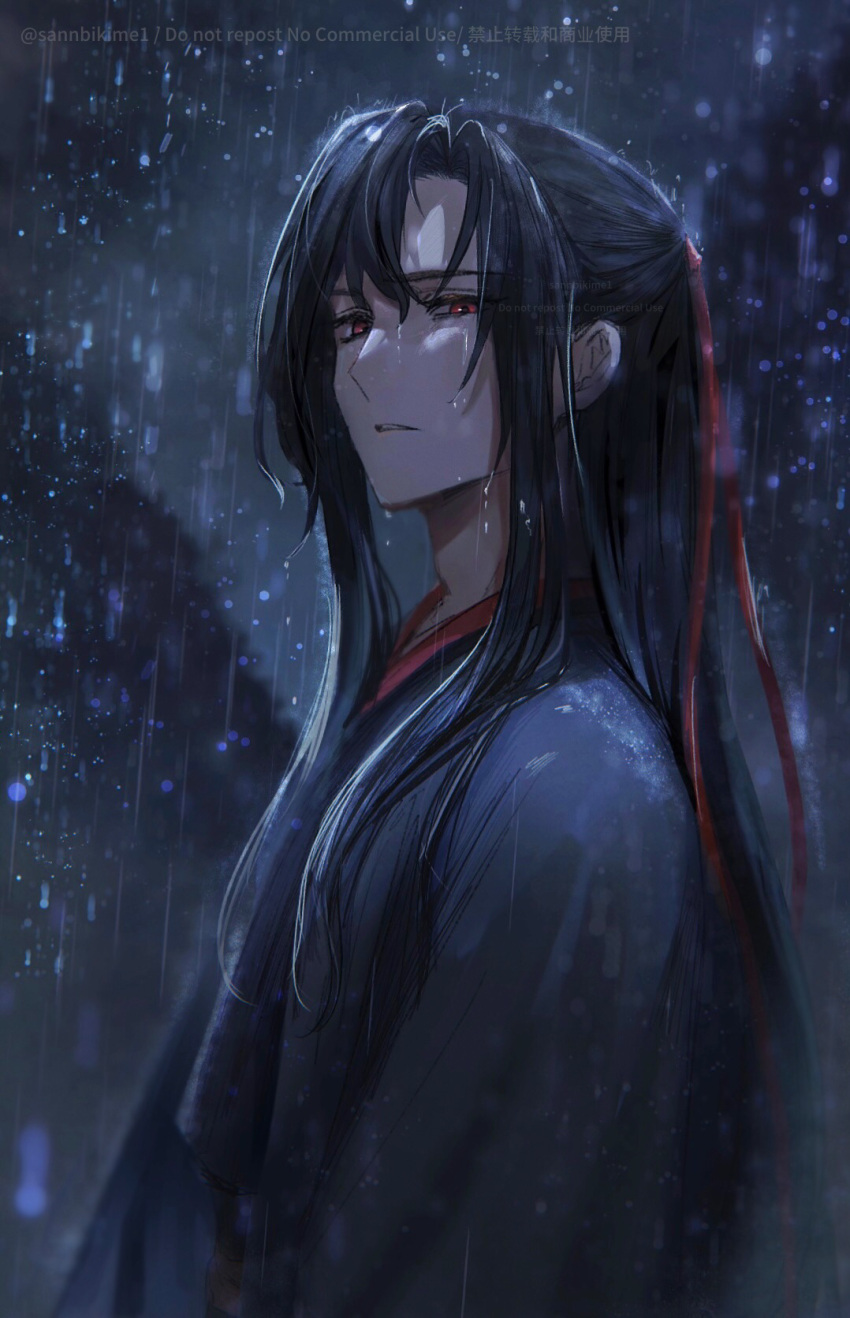 1boy, black_hair, black_hanfu, black_robe, blurry, chinese_clothes, crying, crying_with_eyes_open