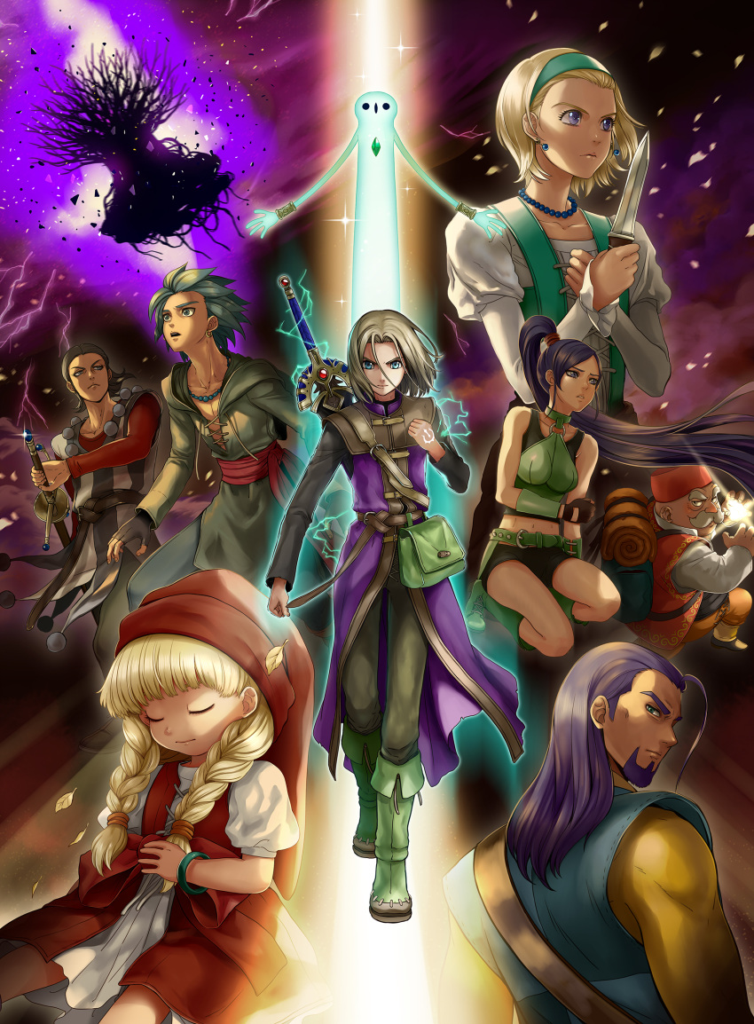 1other, 3girls, 5boys, absurdres, aqua_pants, arm_guards, backpack, bag