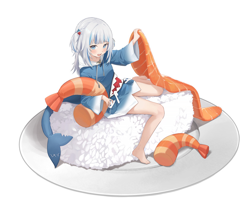 1girl, :d, barefoot, blue_eyes, blue_hair, blue_jacket, blue_tail, blush