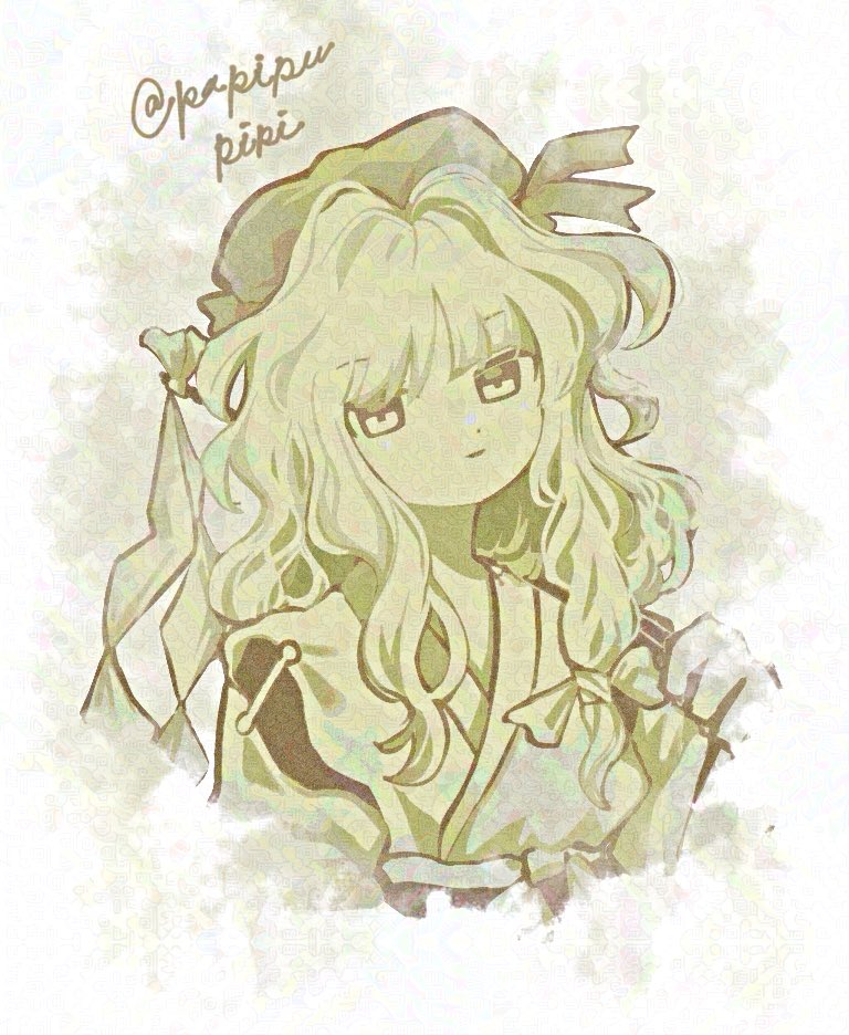 1girl, beret, commentary_request, cropped_torso, gohei, hat, holding, holding_gohei