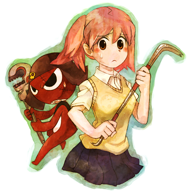 crowbar, dress_shirt, frog, frown, giroro, hinata_natsumi, i-ma, keroro_gunsou, miniskirt, momoiro_oji, namesake, natsumi_step!, no_legs, pink_hair, pleated_skirt, red_eyes, shirt, short_hair, short_twintails, skirt, sweat, sweater_vest, twintails, weapon, wrench, xikoro_(ima)