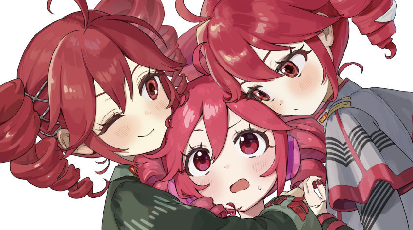 3girls, drill_hair, highres, kasane_teto, kasane_teto_(sv), kasane_teto_(utau), kasane_teto_(voicepeak), looking_up, multiple_girls, multiple_persona, oici_ne, one_eye_closed, red_hair, simple_background, smile, synthesizer_v, twin_drills, twintails, upper_body, utau, voicepeak, white_background