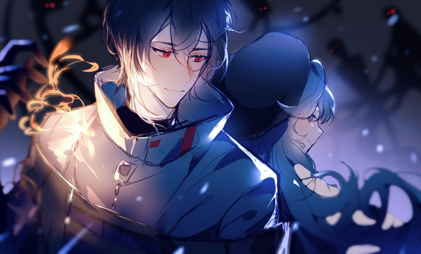 1boy, 1girl, ayn_alwyn, ayn_alwyn_(eden), back-to-back, beret, black_cloak, black_gloves