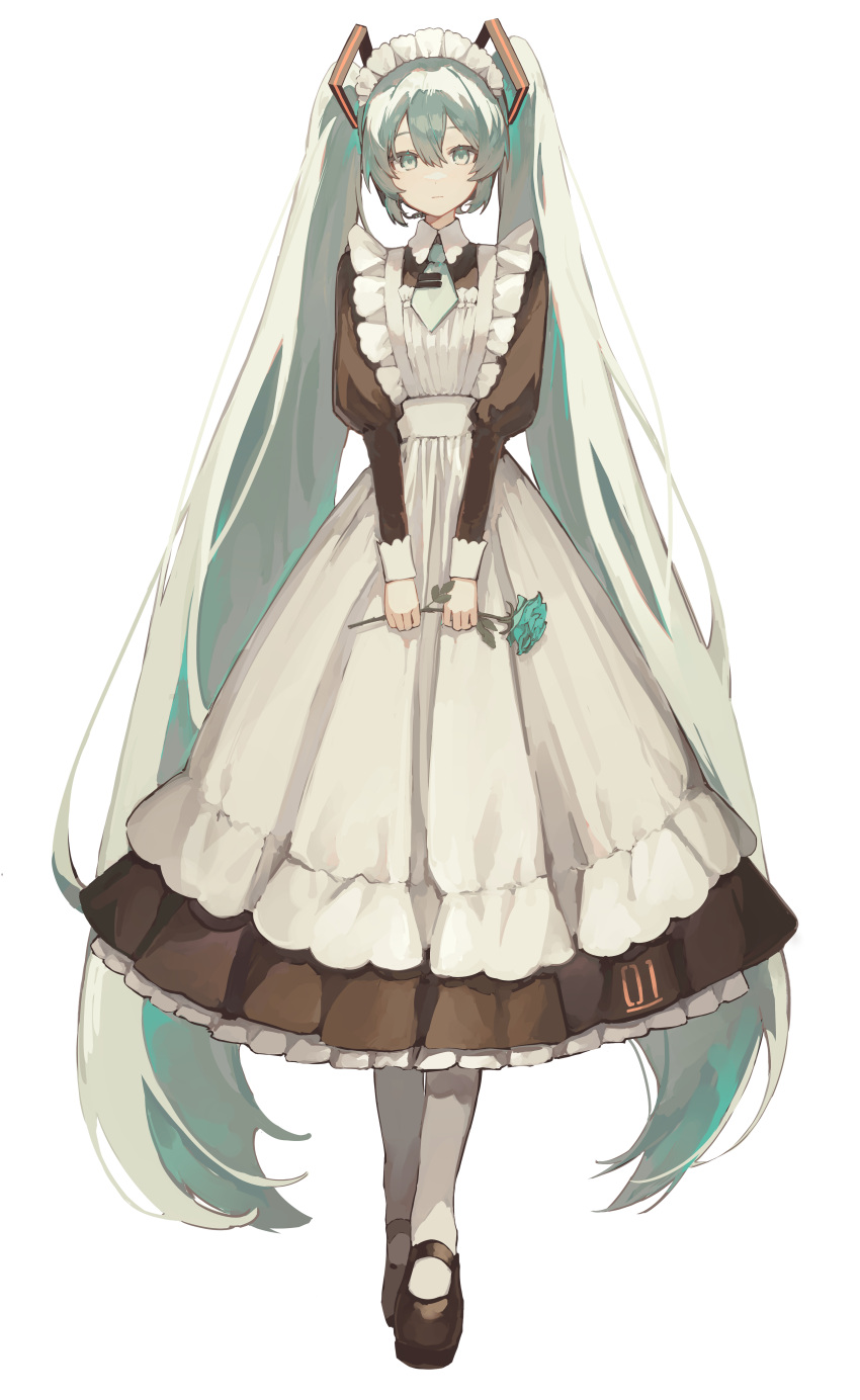 1girl, absurdres, alternate_costume, apron, aqua_eyes, aqua_flower, aqua_hair, aqua_rose