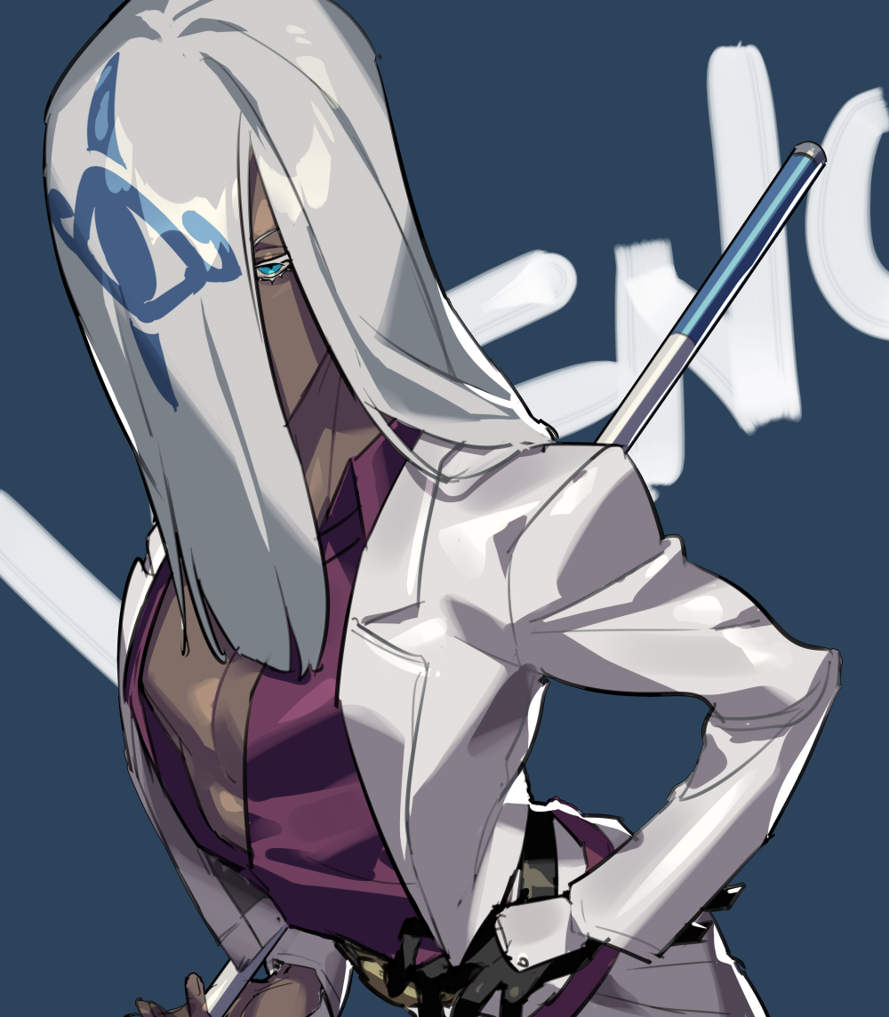 1boy, arched_back, bare_pectorals, belt, black_belt, black_gloves, blue_eyes, character_name