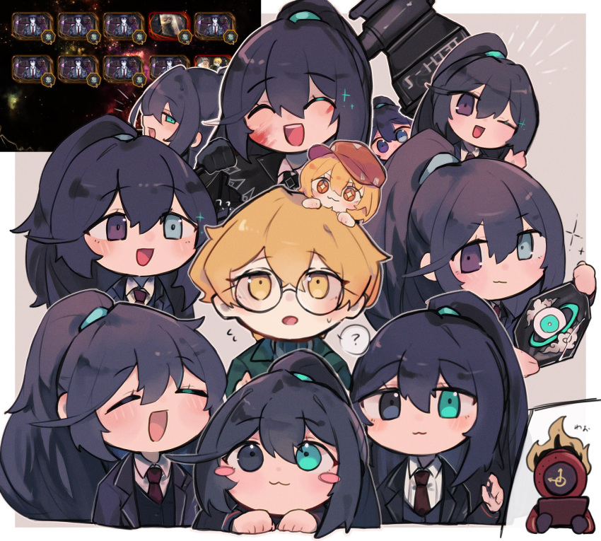 1girl, 1other, 6+boys, :3, :d, ?, blood, blood_on_face