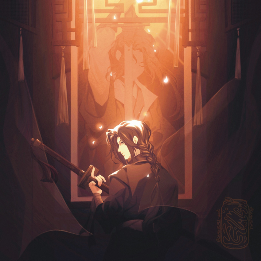 1boy, artist_logo, artist_name, black_eyes, black_hair, black_hanfu, braid, canayams