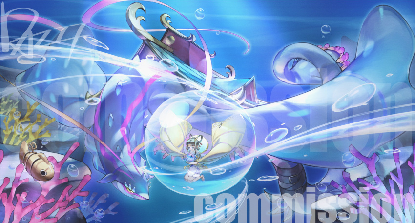 1girl, absurdres, air_bubble, bubble, commission, dazz_(daito), digimon, digimon_(creature)