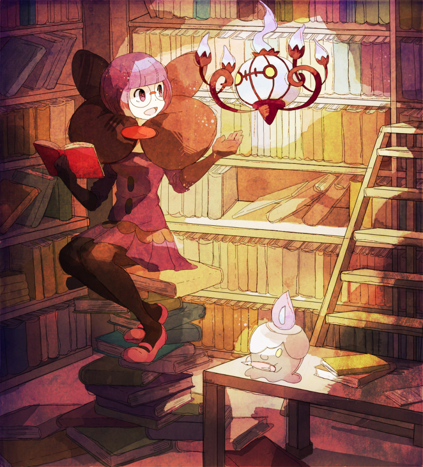 1girl, bangs, blunt_bangs, bob_cut, book, bookshelf, chandelure, dress, elbow_gloves, fire, glasses, gloves, highres, ladder, library, litwick, mary_janes, mocha_(mokaapolka), open_mouth, pantyhose, pen, pink_fire, pokemon, pokemon_(creature), pokemon_(game), pokemon_black_and_white, pokemon_bw, purple_eyes, purple_hair, red_shoes, room, shikimi_(pokemon), shoes, short_hair, sitting, smile, violet_eyes