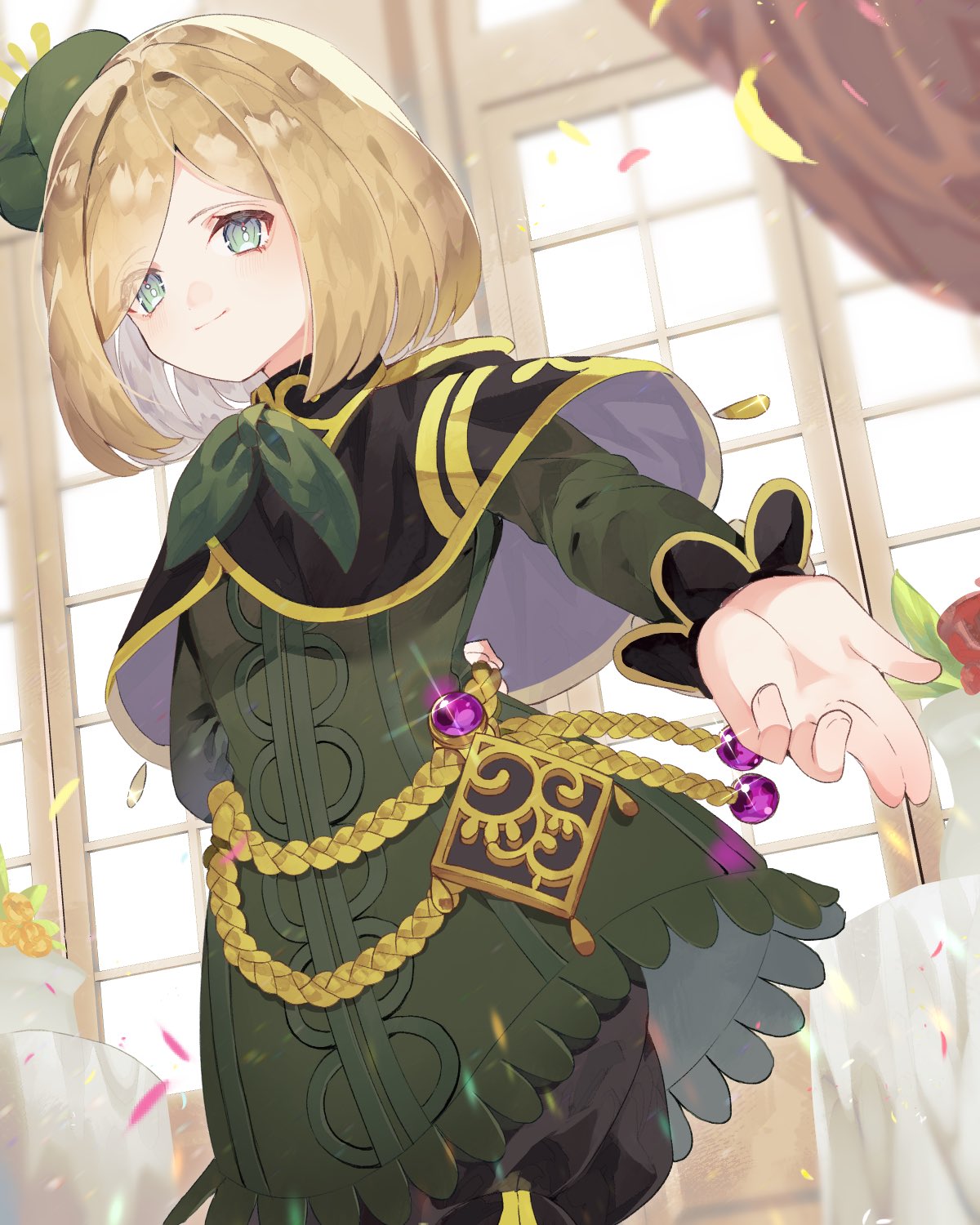 1boy, aromage_laurel, black_shorts, blonde_hair, blush, duel_monster, flower, green_eyes