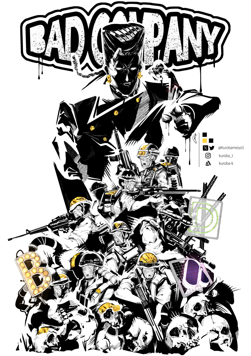 1boy, 6+others, absurdres, bad_company_(stand), braid, character_name, combat_helmet, diamond_wa_kudakenai