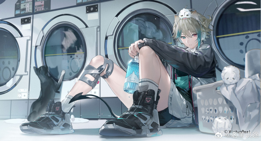 1boy, animal_ear_headphones, animal_ears, aza_(virtuareal), blonde_hair, blue_eyes, blue_hair, bottle, cat, cat_ear_headphones, copyright_notice, demon_tail, fake_animal_ears, foreshortening, headphones, heterochromia, highres, holding, holding_bottle, laowei_shi_tu, laundromat, laundry_basket, looking_at_viewer, male_focus, nijisanji, on_floor, pink_eyes, shoes, sitting, sneakers, solo, tail, virtuareal, washing_machine