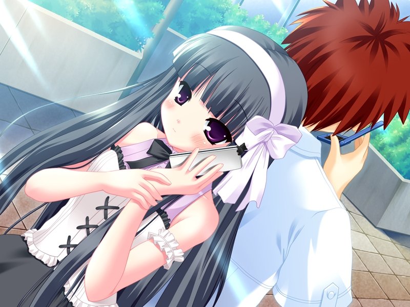 arm_garter, back-to-back, bangs, bare_shoulders, black_hair, black_ribbon, blush, bow