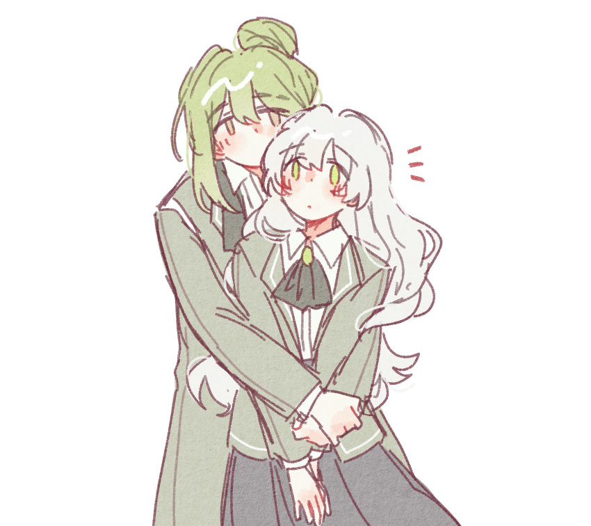 1boy, 1girl, ascot, black_ascot, black_skirt, coat, dress_shirt, green_coat
