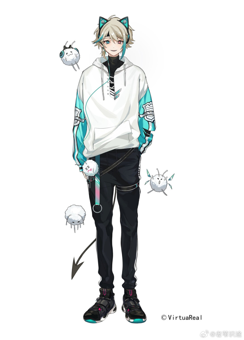 1boy, aza_(virtuareal), black_pants, blonde_hair, blue_eyes, blue_hair, copyright_notice, demon_tail