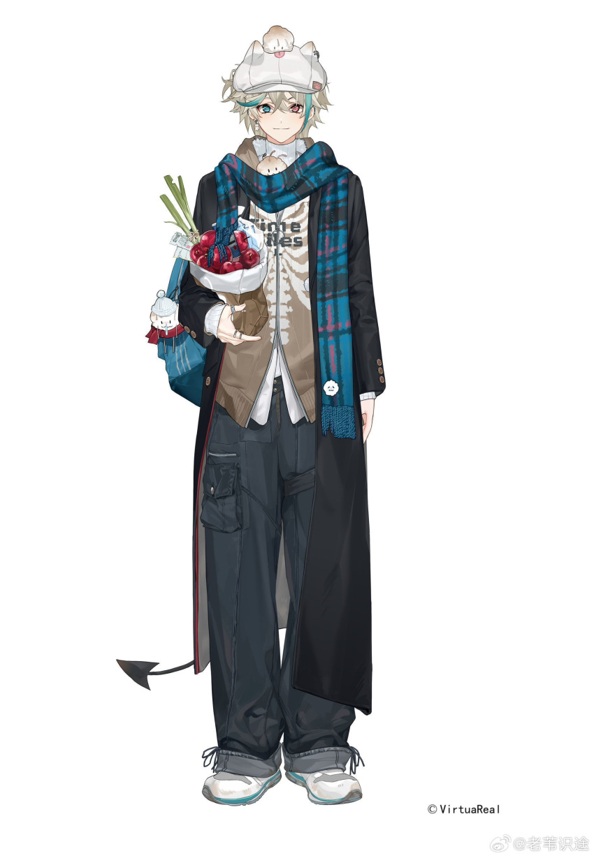 1boy, absurdres, animal_ears, apple, aza_(virtuareal), bag, baggy_pants, blonde_hair