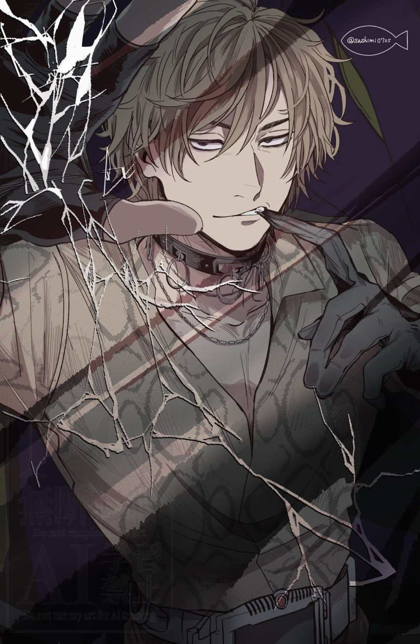 1boy, asakura_takeshi, belt, black_gloves, blonde_hair, broken_glass, broken_mirror, collar