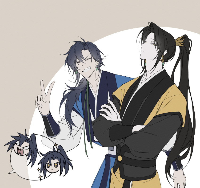 3boys, absurdres, black_hair, black_hanfu, blue_hanfu, chibi, chibi_inset, chinese_clothes
