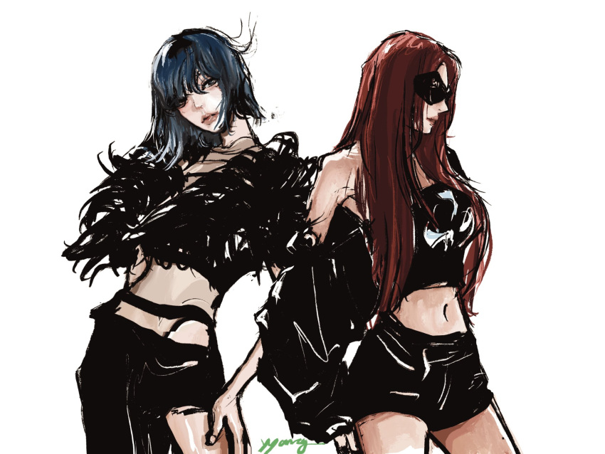 2girls, black_jacket, black_skirt, blue_hair, cowboy_shot, crop_top, hashtag-only_commentary, highres