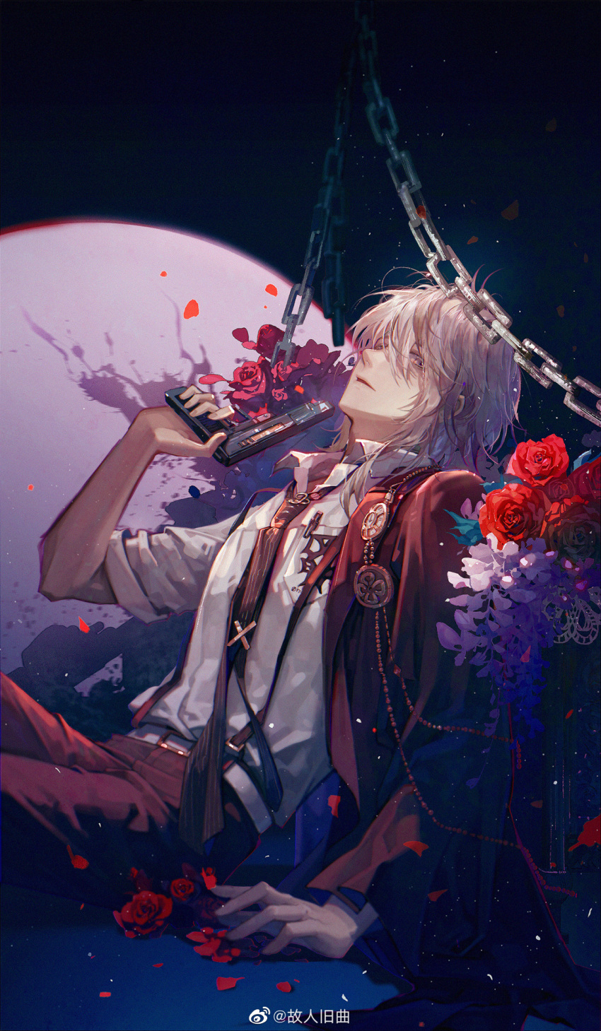 1boy, bishounen, chain, collar_x_malice, emblem, floral_background, flower, genren_jiu_qu