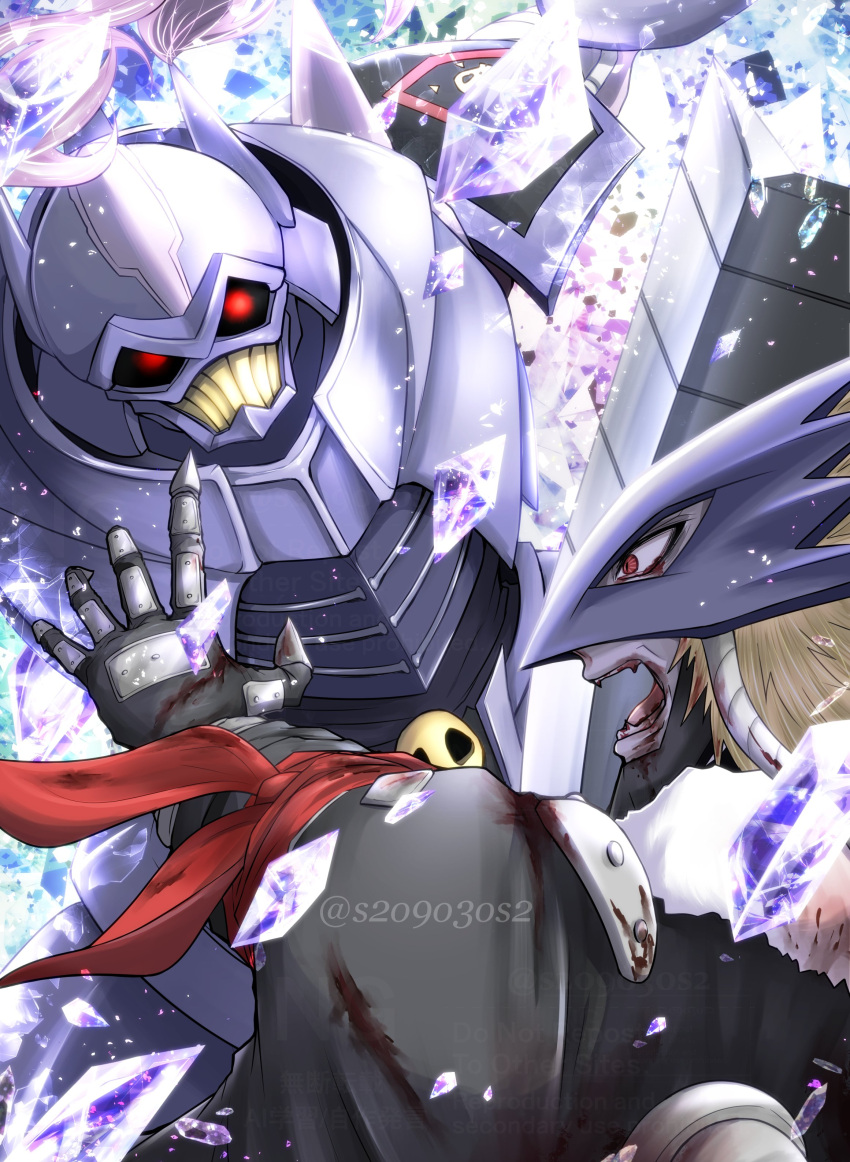 2boys, absurdres, armor, bandana, bandana_around_arm, battle, beelzebumon, black_jacket