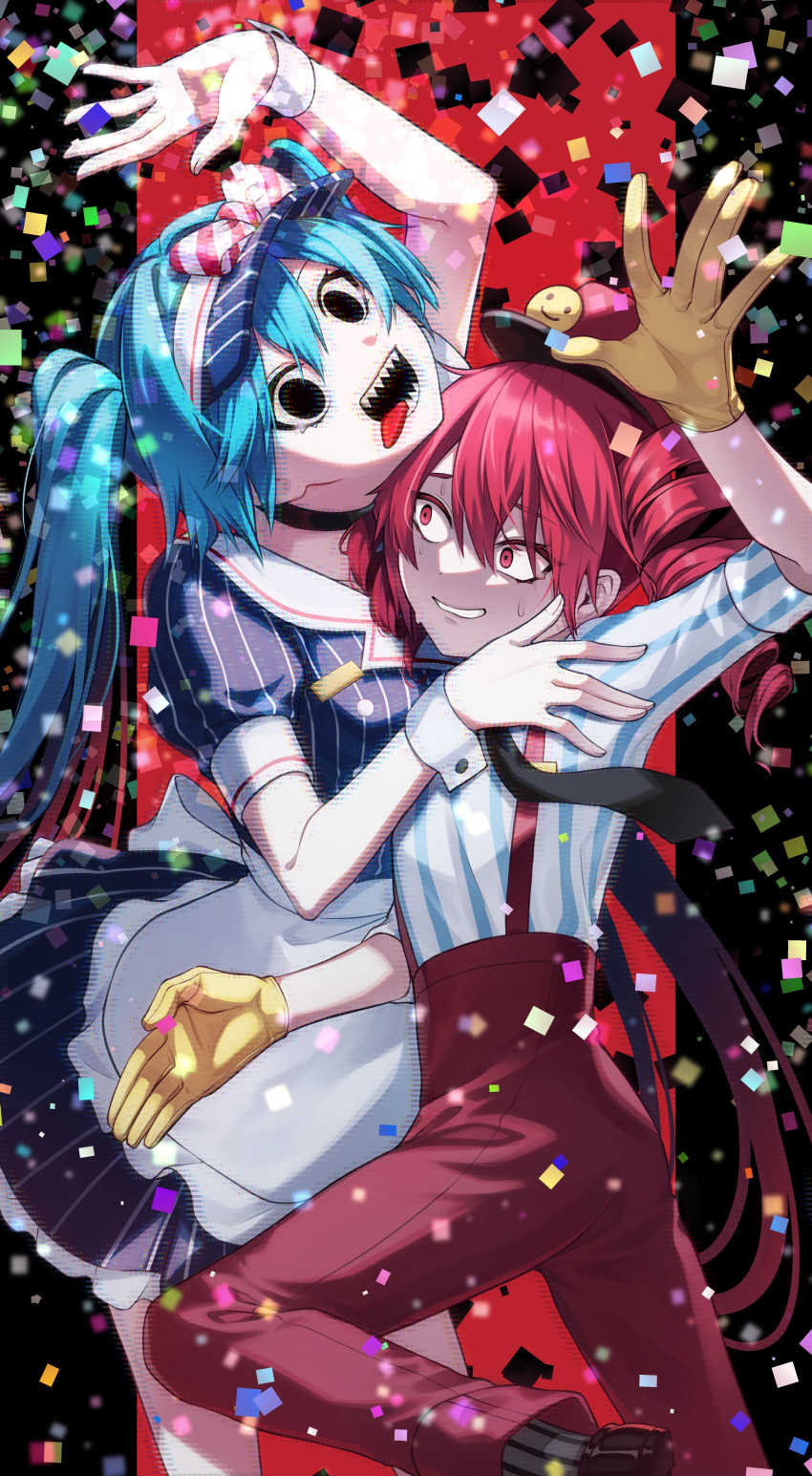 2girls, absurdres, apron, arm_up, black_eyes, black_necktie, blue_dress, blue_hat