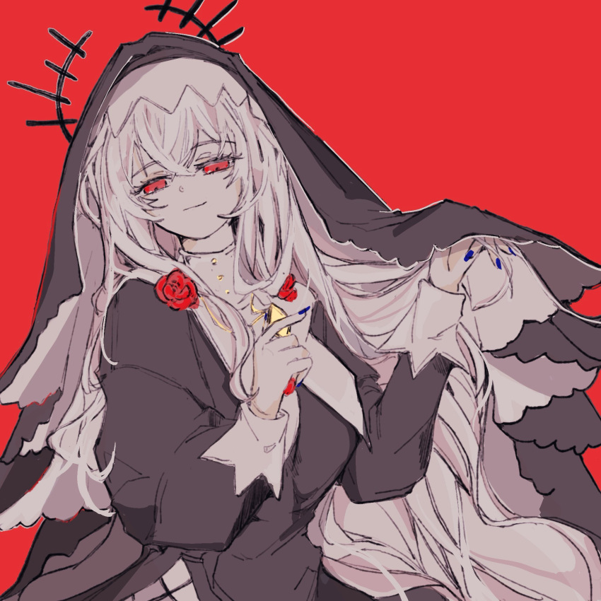 1girl, arknights, black_dress, black_hat, coif, collared_shirt, criss-cross_straps, dress, flower, half-closed_eyes, hat, highres, juliet_sleeves, long_hair, long_sleeves, nail_polish, nun, puffy_sleeves, red_eyes, red_flower, red_rose, rose, shirt, shishamo_(ekmei4), side_slit, simple_background, smirk, solo, specter_(arknights), specter_the_unchained_(arknights), veil, very_long_hair, white_hair