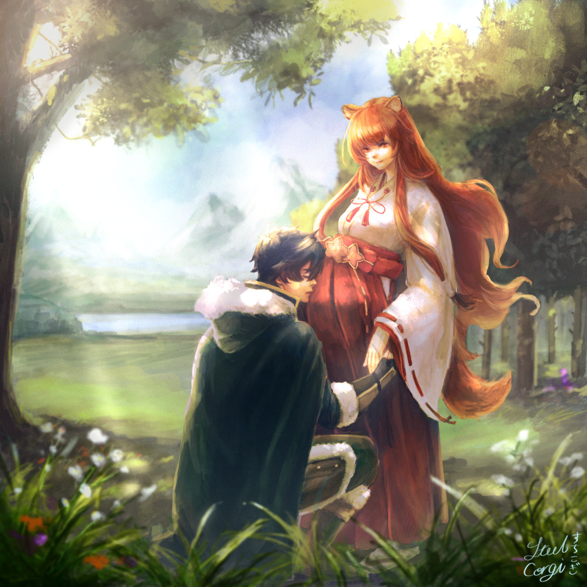 1boy, 1girl, animal_ears, armor, black_hair, black_jacket, blue_sky, breasts