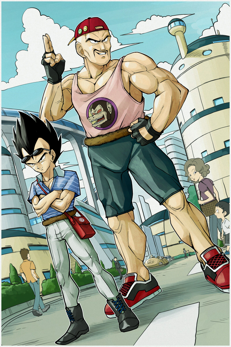 baseball_cap, black_hair, boots, building, capri_pants, casual, cloud, clouds