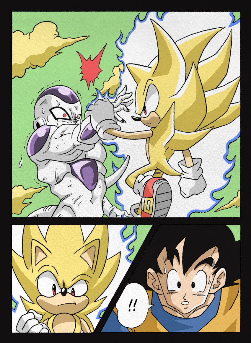 animal_ears, animal_nose, aura, black_eyes, black_hair, closed_mouth, crossover, dragon_ball, dragon_ball_z, english_commentary, final_form_frieza, frieza, furry, furry_male, gloves, hedgehog, hedgehog_boy, highres, multiple_boys, namek, parted_lips, red_eyes, shoes, short_hair, short_tail, son_goku, sonic_(series), sonic_the_hedgehog, spiky_hair, super_sonic, tail, wesatinthecar, white_gloves, yellow_fur